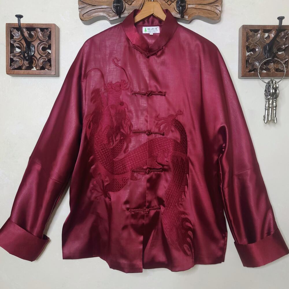 LINZHIXIU Silk Tang Suit Kung Fu Kimono Jacket Burgundy Red Dragan Embroidery✨️L